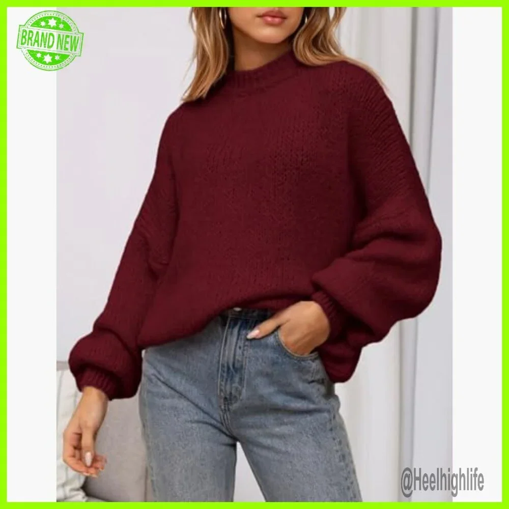 Oversized Lantern Sleeve Pullover Sweater, Loose Fit Knit Top - Picture 4 of 7